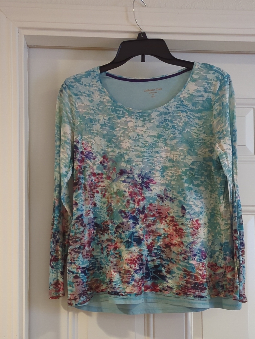 Coldwater Creek Aqua Multicolor Floral Wash Long-Sleeve Top